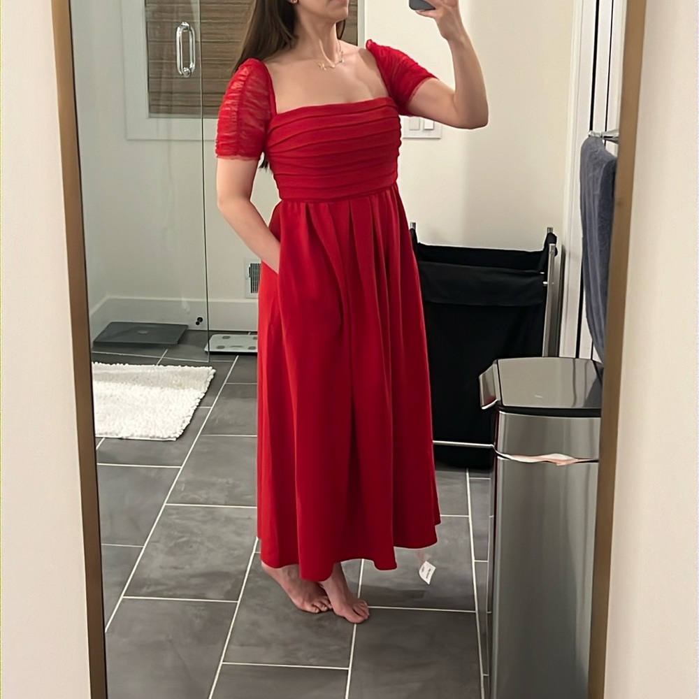 COPY - NWT self portrait Red Crepe Sleeved Midi Dress